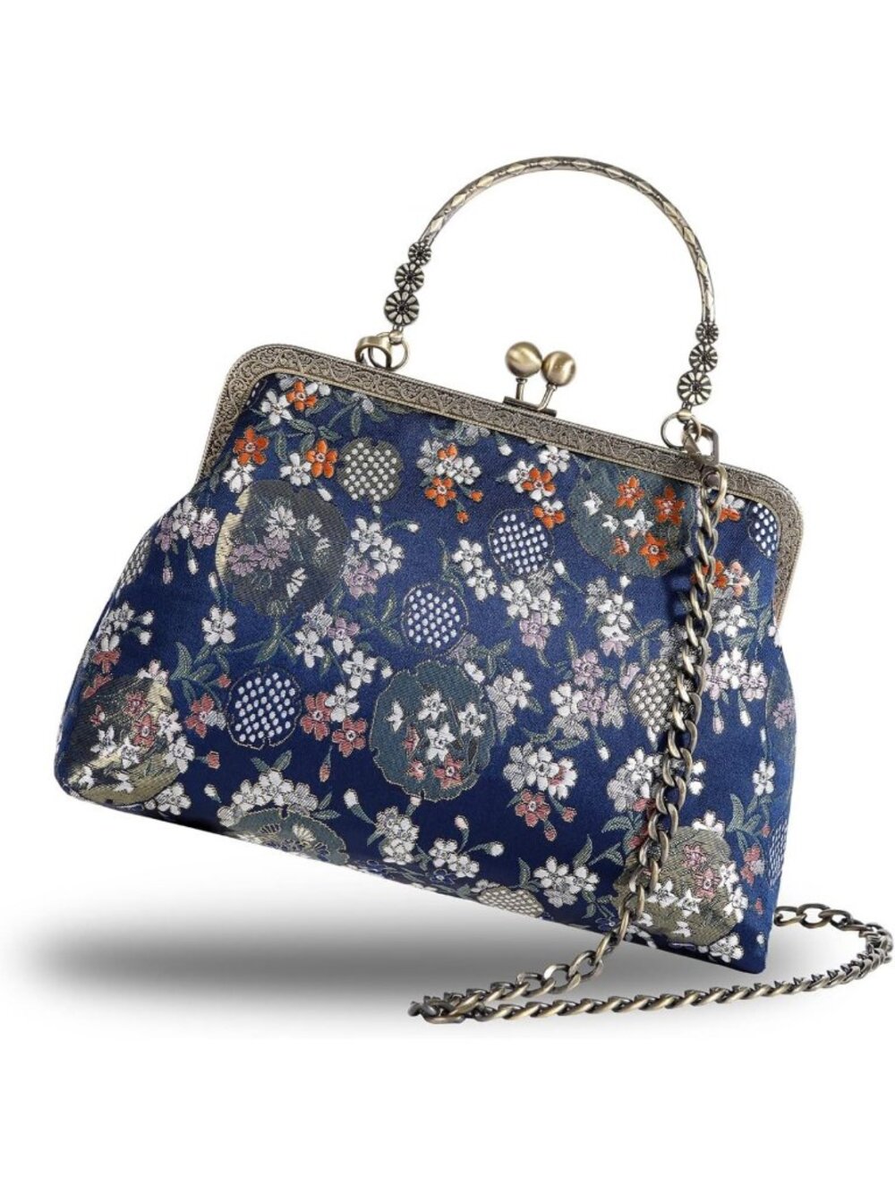 Vintage Floral Top-Handle Handbag, Kiss Lock Evening Bag for Women, Chic Purse